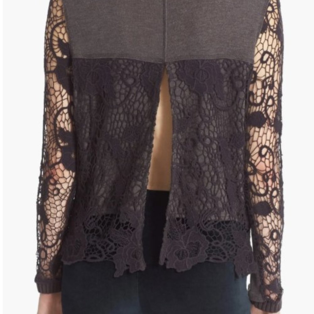 Free People Pretty Rad Lace Split Back Sweater Sz S Gray Crochet - Picture 4 of 16